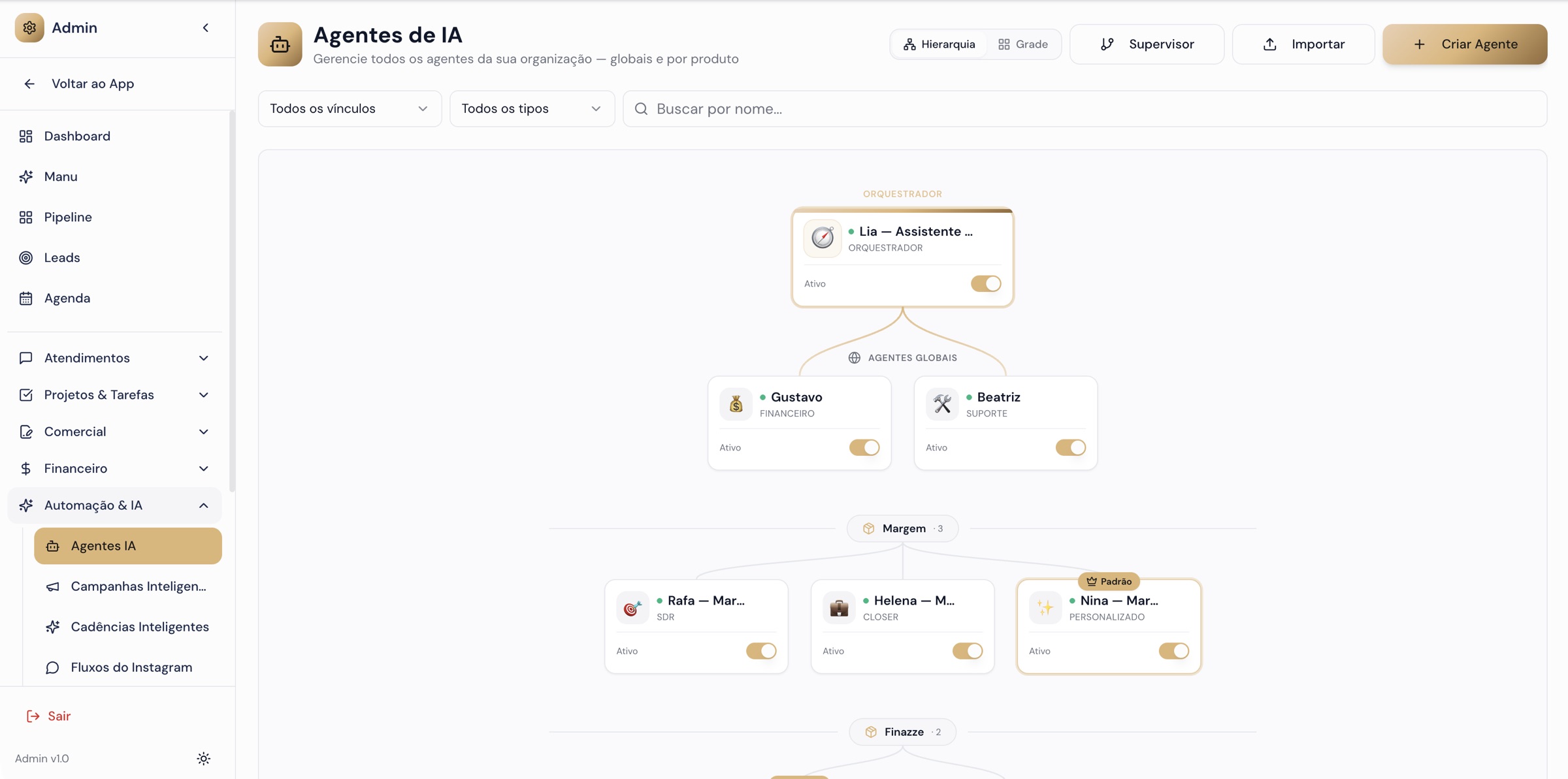 Tela de agentes de IA do Vendrax: orquestrador no topo, agentes globais de financeiro e suporte e agentes por produto de pré-venda, fechamento e personalizado